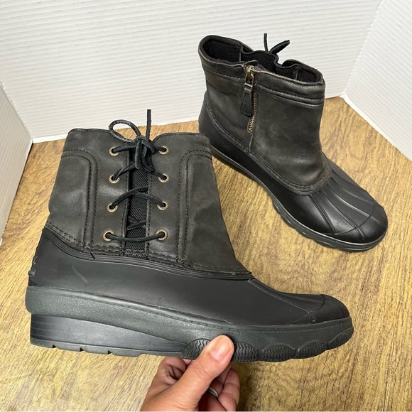 Sperry Black Gray Women’s Pull On Side Zip Side Lace Duck Boots Size 10 - Picture 1 of 13